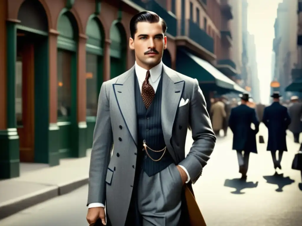 Tendencias moda masculina periodo entreguerras: Hombre bien vestido en traje a medida de los años 20, con detalles elegantes y estilo moderno