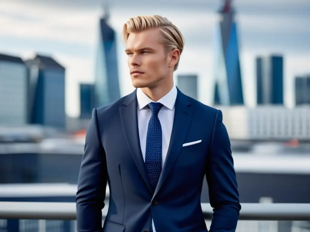 Tendencias moda masculina Escandinavia: modelo elegante con atuendo finlandés moderno en ciudad urbana actual