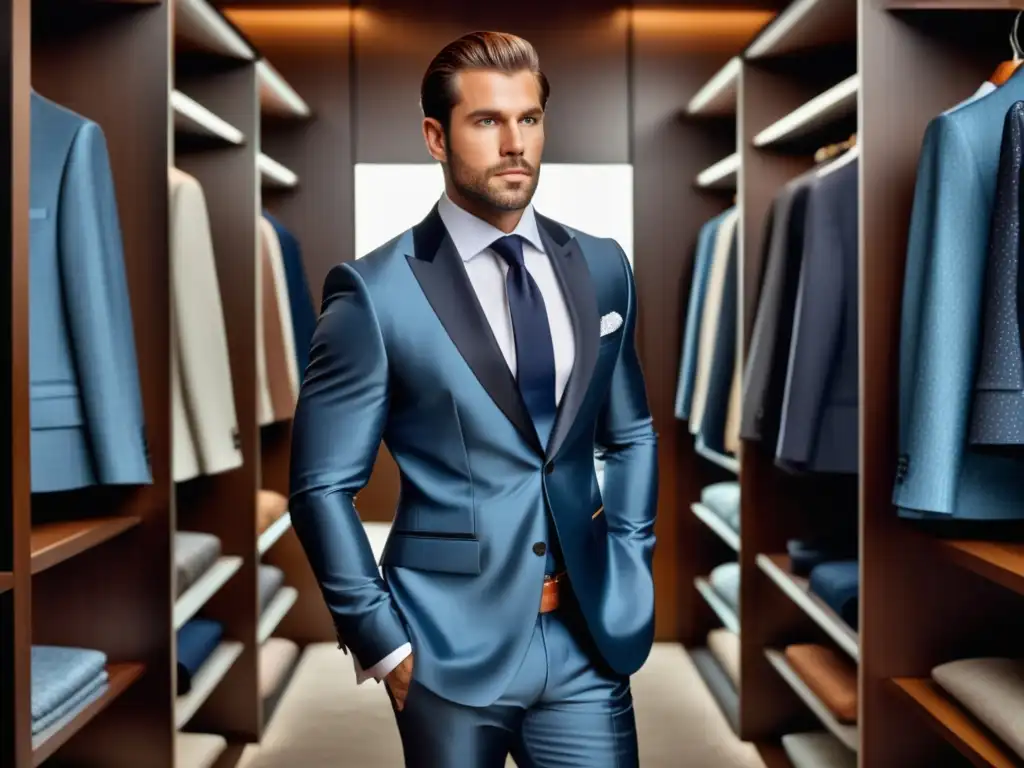 Trajes a medida para hombres: hombre elegante en traje moderno y a medida, rodeado de telas y accesorios de calidad