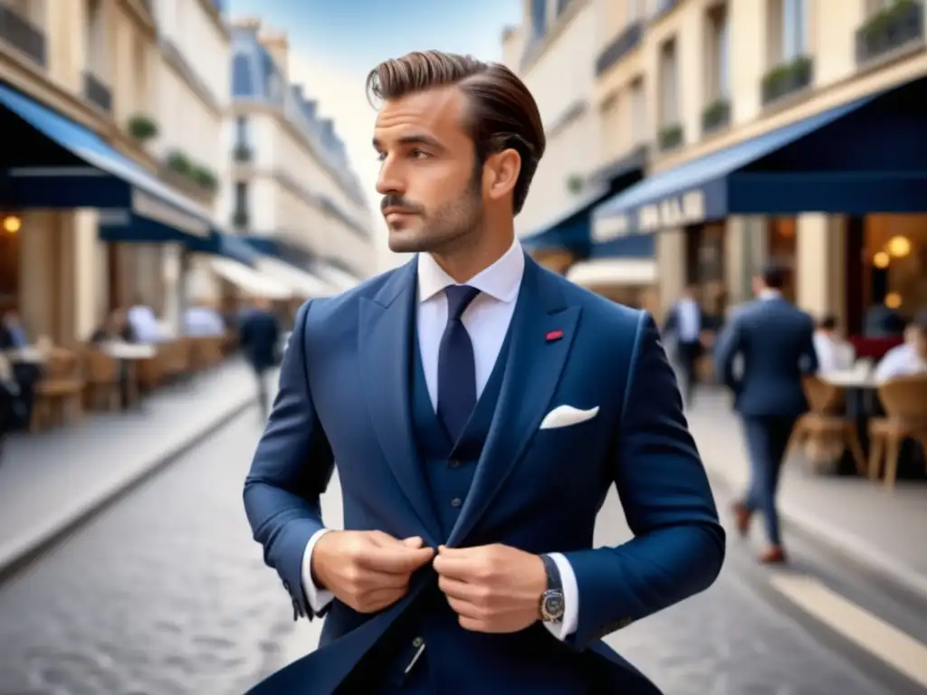 Tendencias moda masculina francesa: Hombre elegante camina por las calles de París, reflejando la sofisticación y estilo impecable de la moda francesa