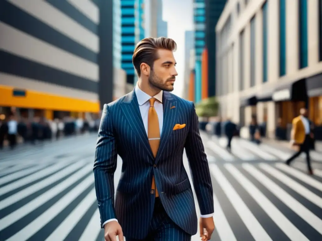 Influencia psicológica en moda masculina: hombre elegante caminando por la ciudad con traje a rayas y corbata floral