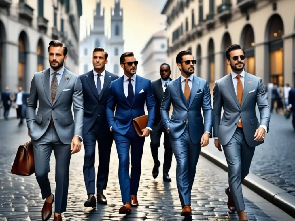 Tendencias moda masculina estilo italiano en una impresionante imagen de una calle bulliciosa en Milán, la capital de la moda