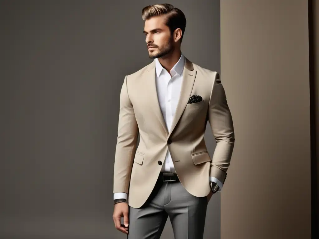 Tendencia moda masculina tonos neutros: modelo masculino con traje beige, camisa blanca y pantalones grises, accesorios plateados