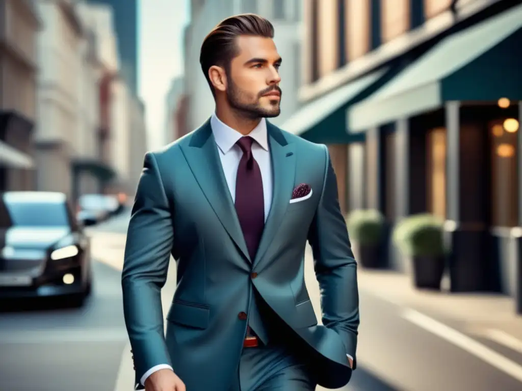 Estilo de moda masculina personalizada, hombre elegante caminando por la ciudad con traje a medida, confianza y originalidad