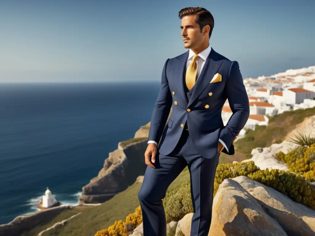 Hombre portugués elegante en acantilado con estilo marítimo moda masculina Portugal