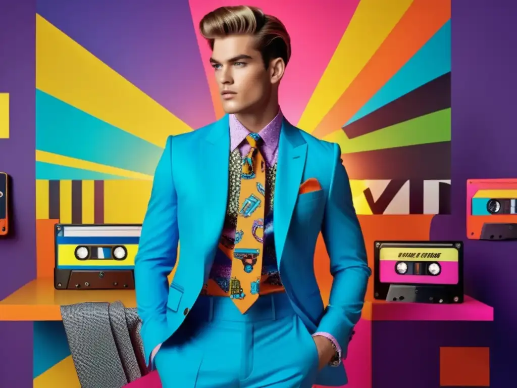 Tendencias moda masculina cultura pop, imagen de modelo masculino con outfit retro y vibrante fondo