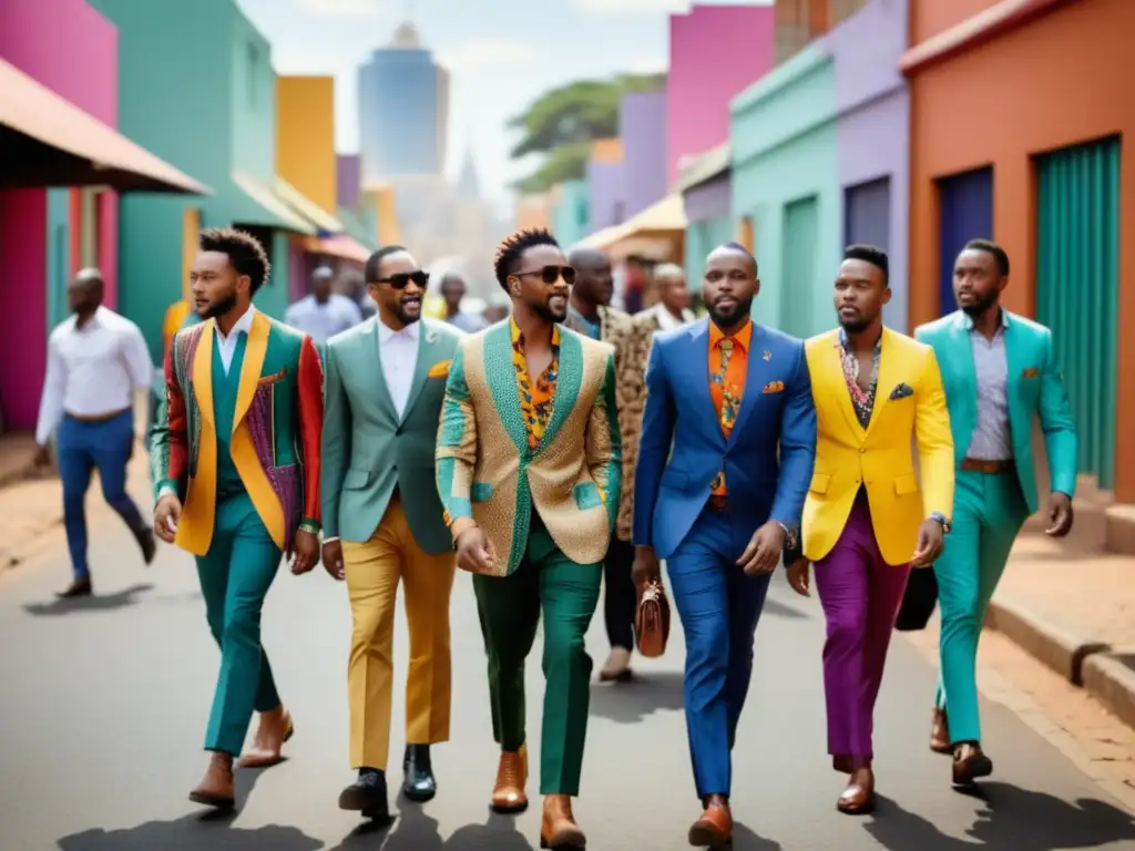 Influencia moda sudafricana en estilo masculino: Hombres sudafricanos elegantes caminando con confianza por vibrante calle de Johannesburgo