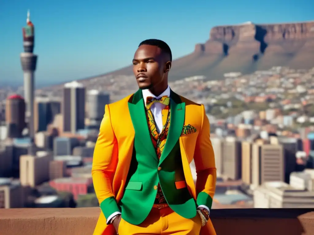 Influencia moda sudafricana en estilo masculino: modelo dapper en atuendo tradicional, fusionando elementos modernos y culturales en moda africana