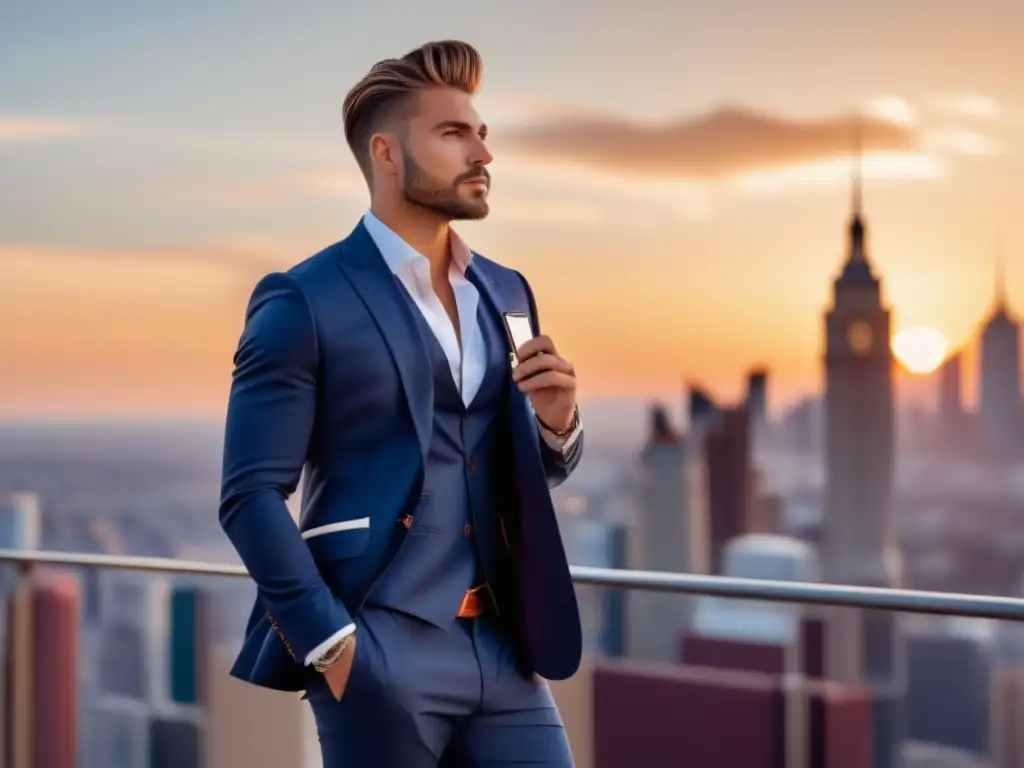 Influencer moda masculina en ciudad moderna con teléfono y redes sociales - Tendencias moda masculina última década