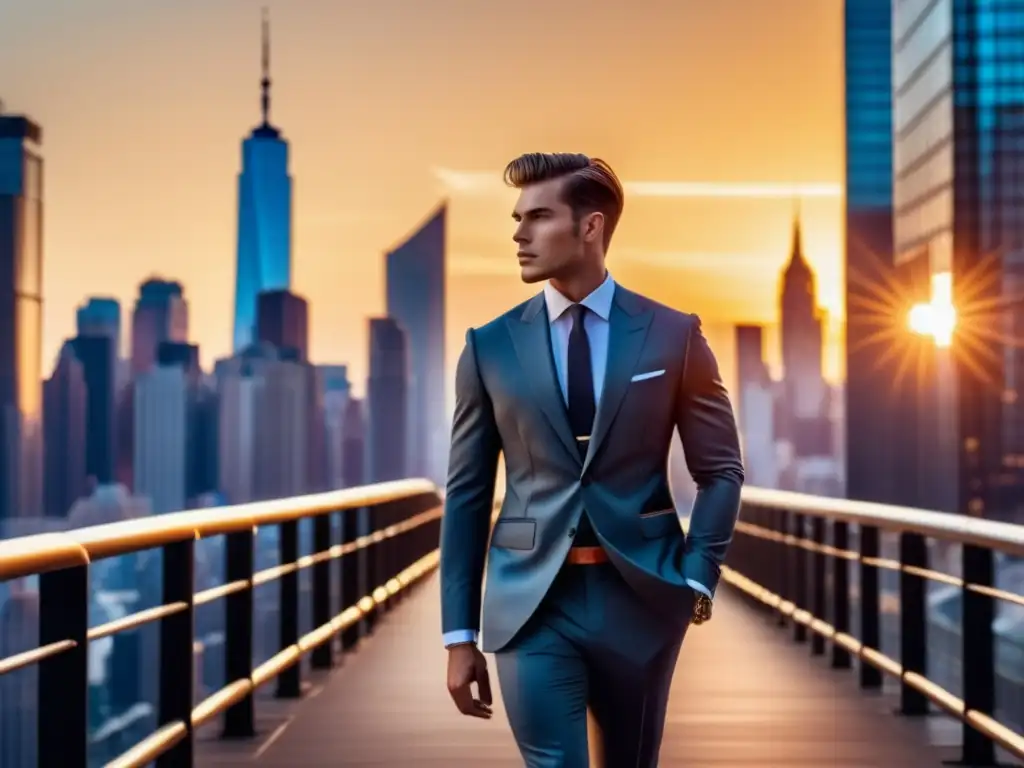 Moda masculina contemporánea: modelo seguro y elegante en la ciudad con publicidad de fondo