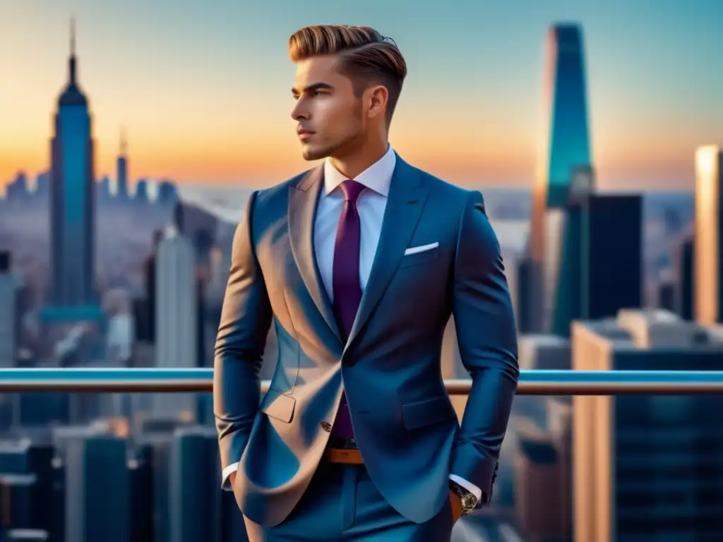 Influencia moda masculina: joven elegante en ambiente urbano con traje bien hecho y vibrantes colores destacando calidad y estilo propio