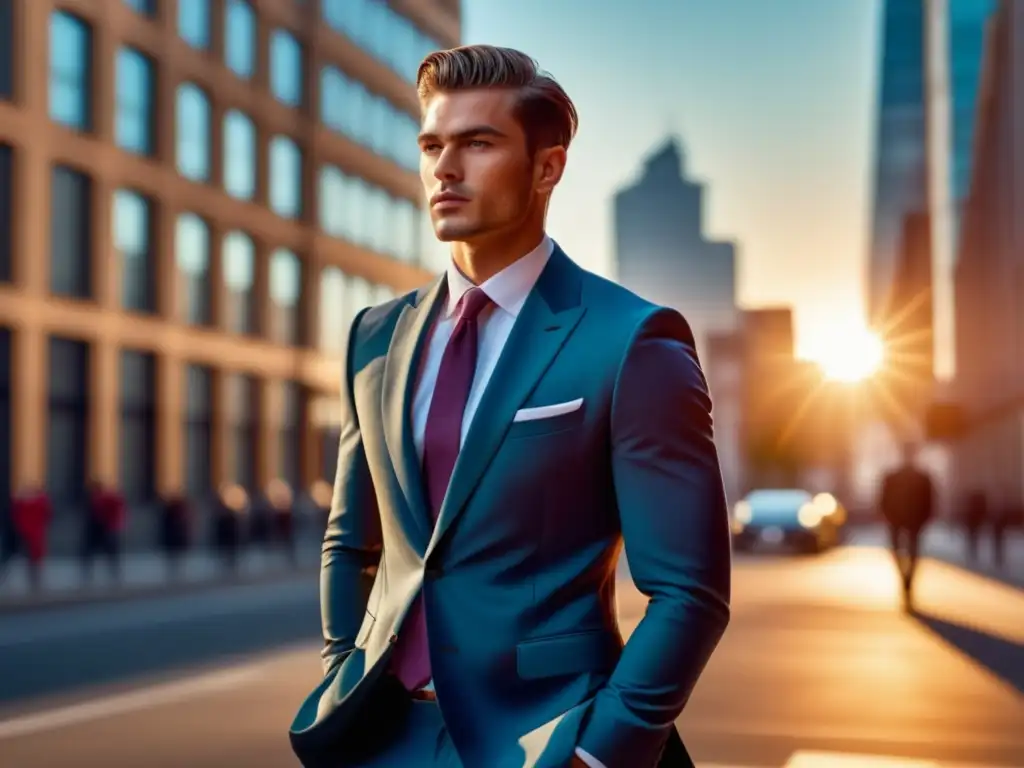 Técnicas fotográficas moda masculina: modelo de moda masculina en traje elegante frente a un fondo urbano vibrante