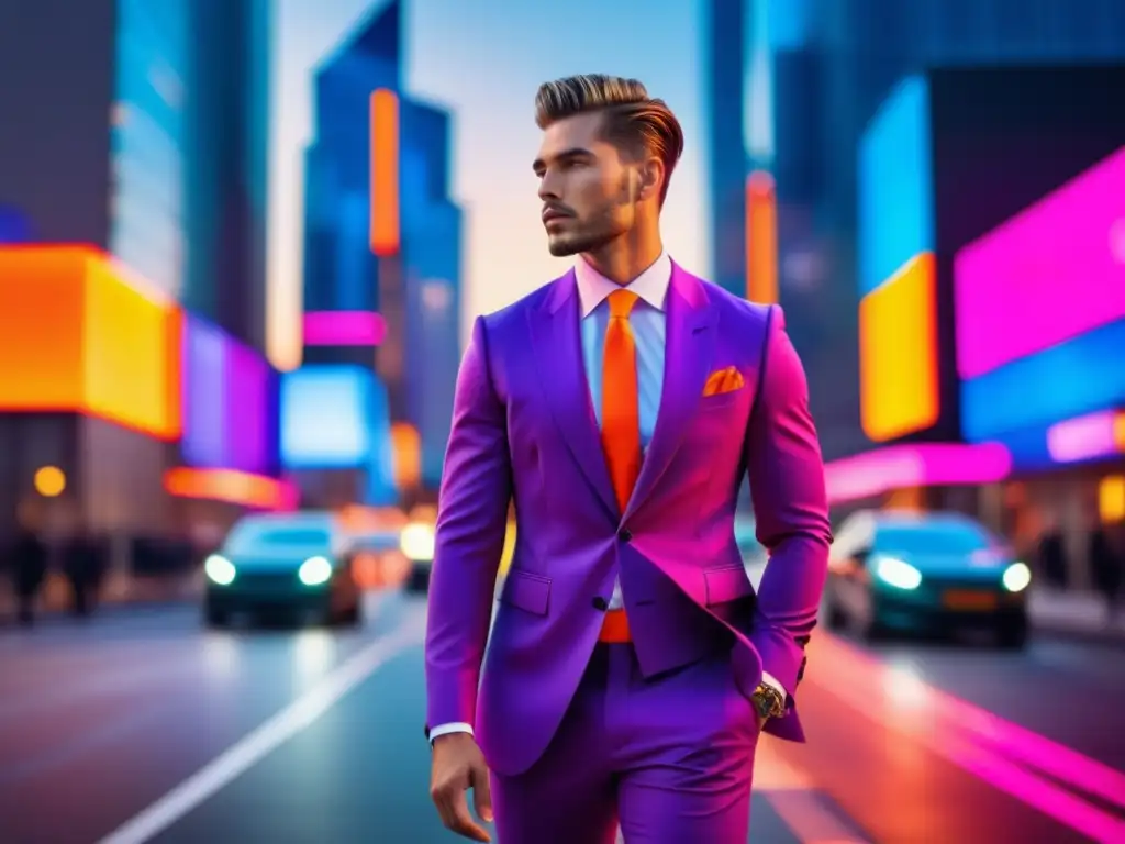 Tendencias globales moda masculina: modelo de moda masculino en traje llamativo en una ciudad vibrante