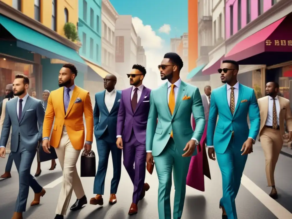 Tendencias moda masculina estilos locales: calle urbana con hombres elegantes y vibrantes tiendas de moda