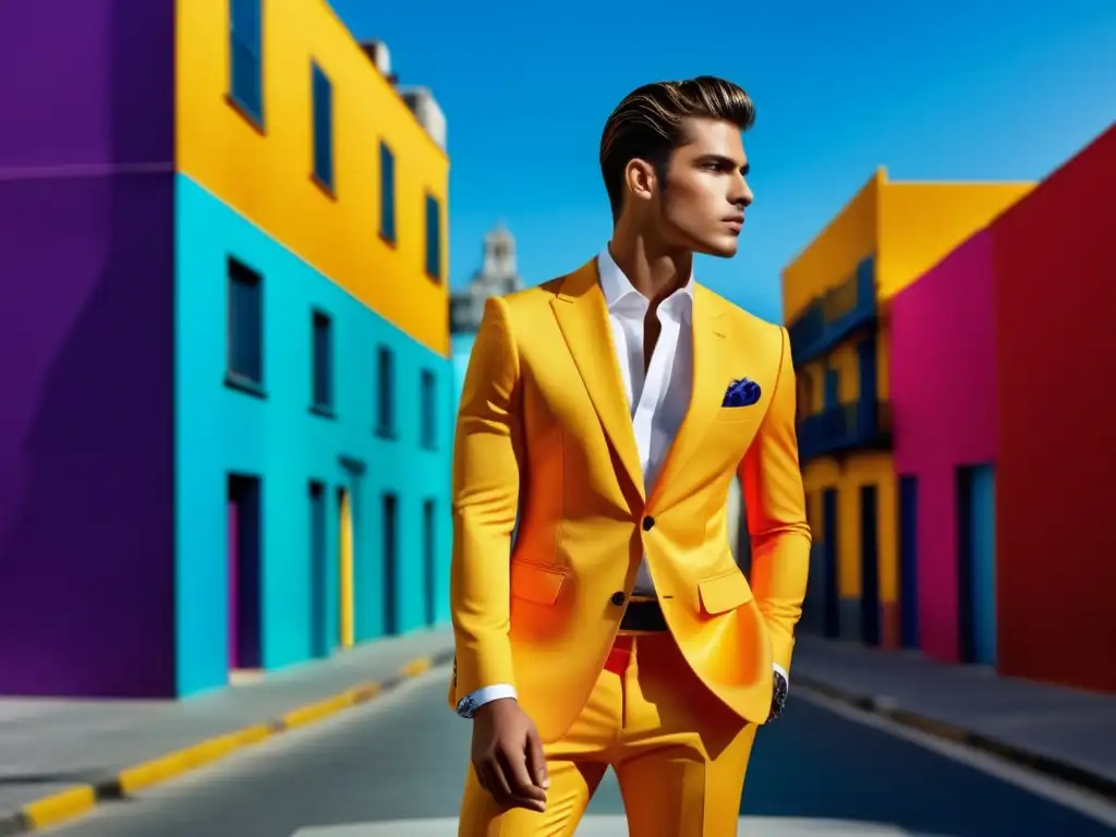 Fotografía moda masculina posproducción: Modelo masculino elegante en traje de moda, con colores vibrantes y fondo urbano