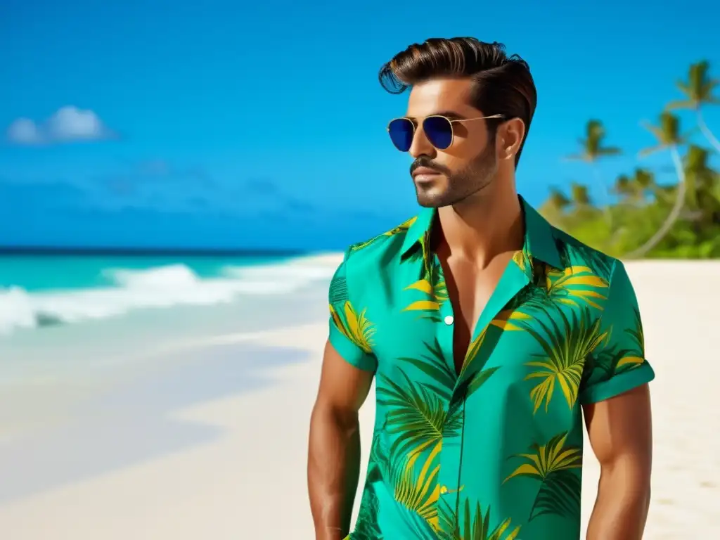 Moda masculina para viajes tropicales: estiloso modelo en playa paradisíaca