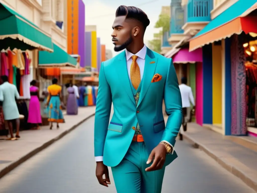 Tendencias moda masculina estilos locales en vibrante imagen de moda urbana con modelo confiado y colorida ambientación