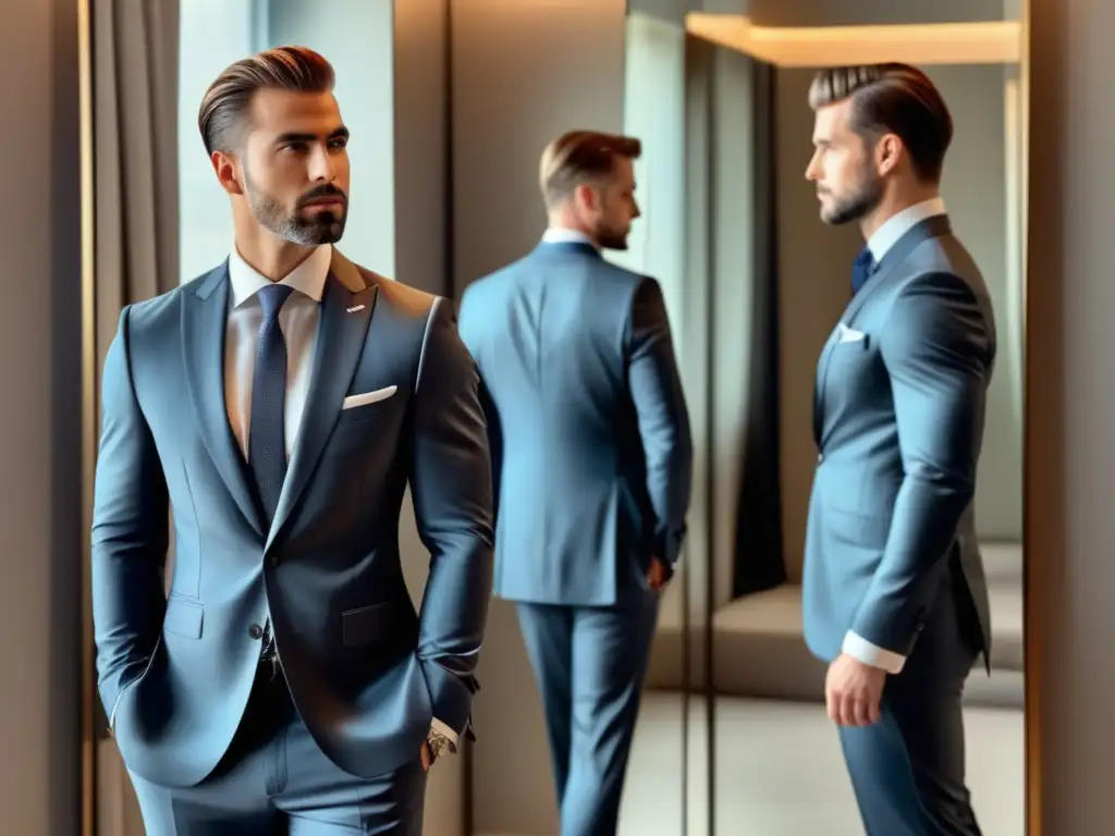 Hombre seguro de sí mismo frente al espejo, resaltando moda masculina y autoestima