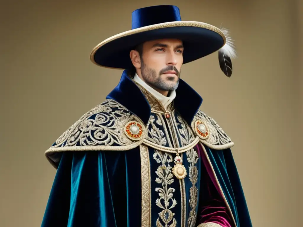 Hombre medieval elegante con capa de terciopelo bordada, sombrero de ala ancha y accesorios de moda