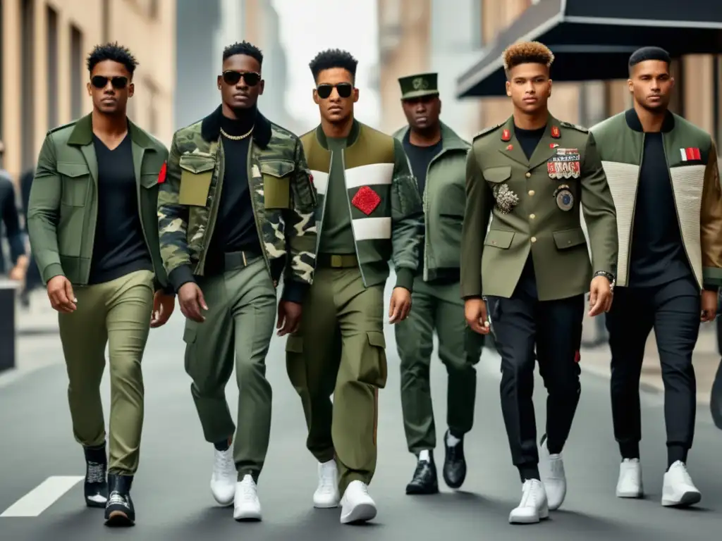 Tendencias moda masculina influencia militar en imagen urbana con hombres elegantes luciendo prendas casuales con toque moderno