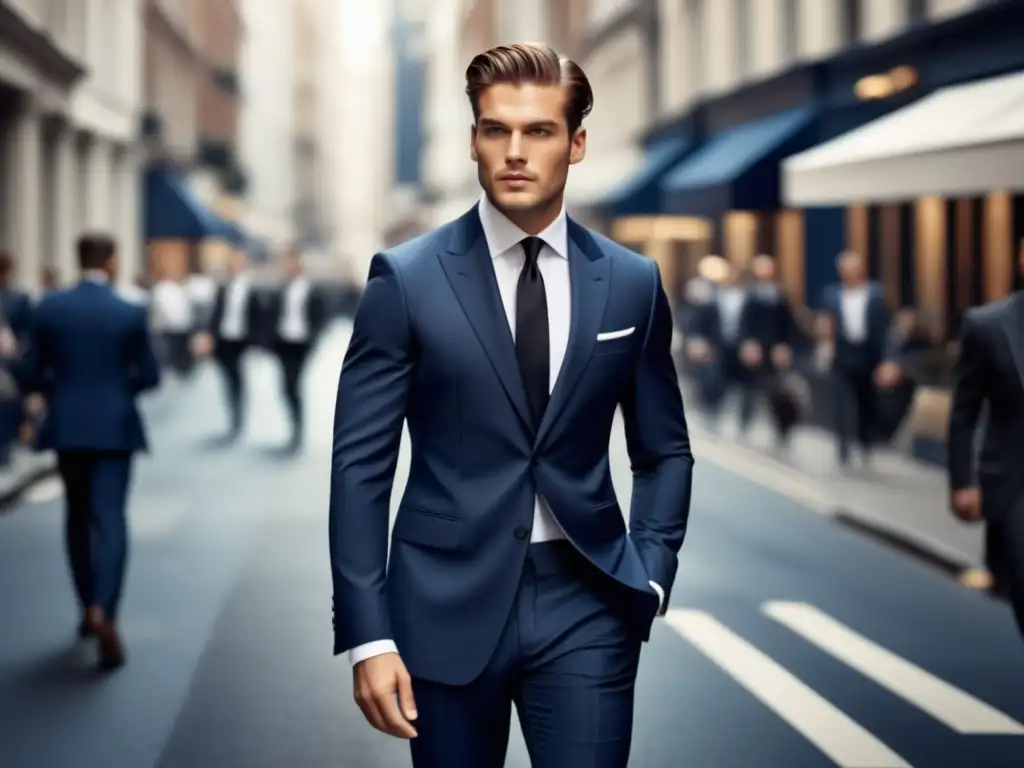 Influencia estaciones en moda masculina: modelo elegante en ciudad otoñal, traje azul marino, camisa blanca y corbata negra