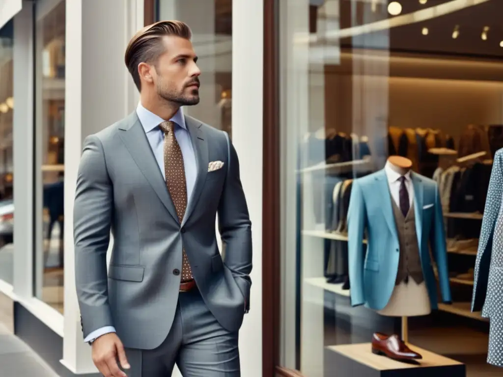 Hombre elegante frente a tienda de ropa, moda masculina: Consumo responsable