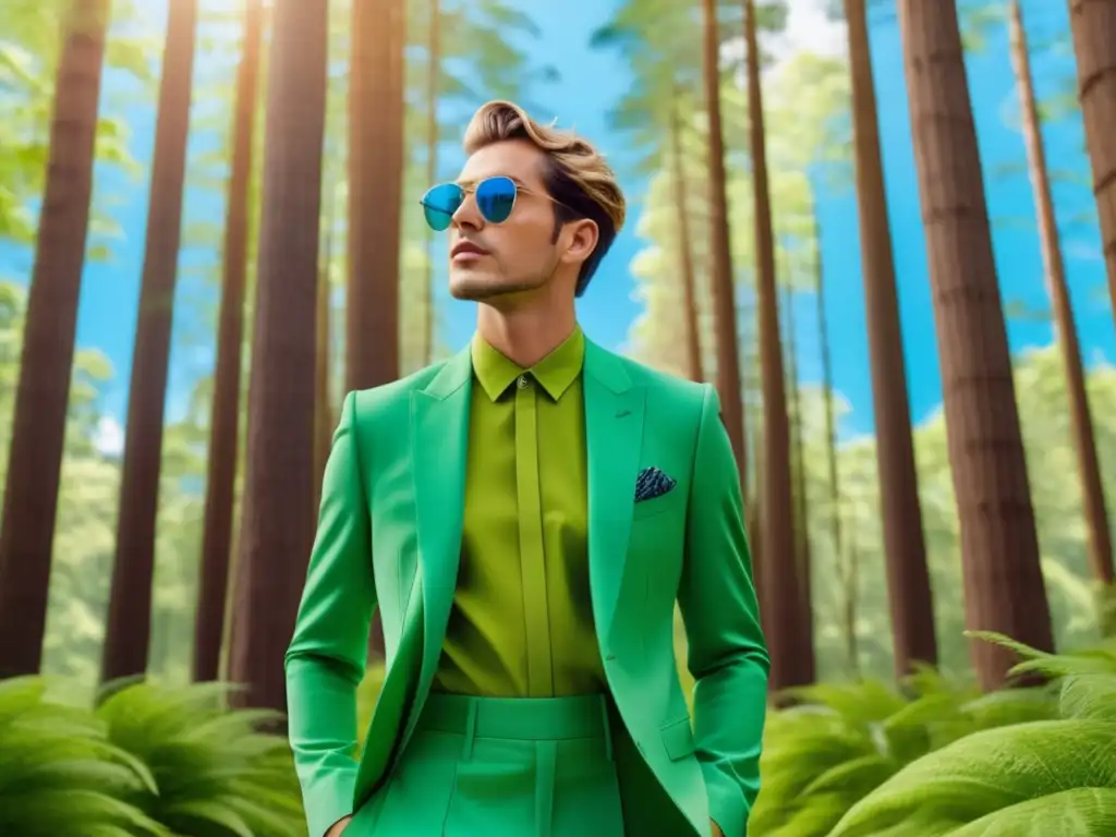 Beneficios moda sostenible hombre: modelo elegante en un bosque verde, armonía entre moda y naturaleza