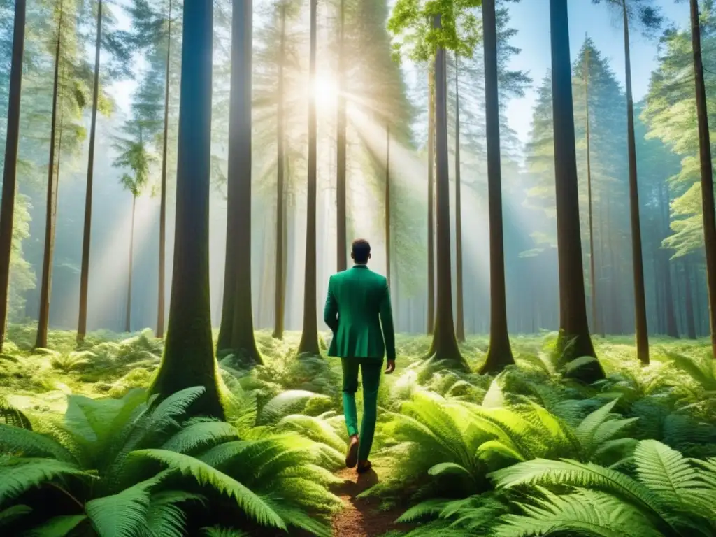 Moda masculina sostenible y deforestación: Hombre en bosque verde con árboles altos y cielo azul