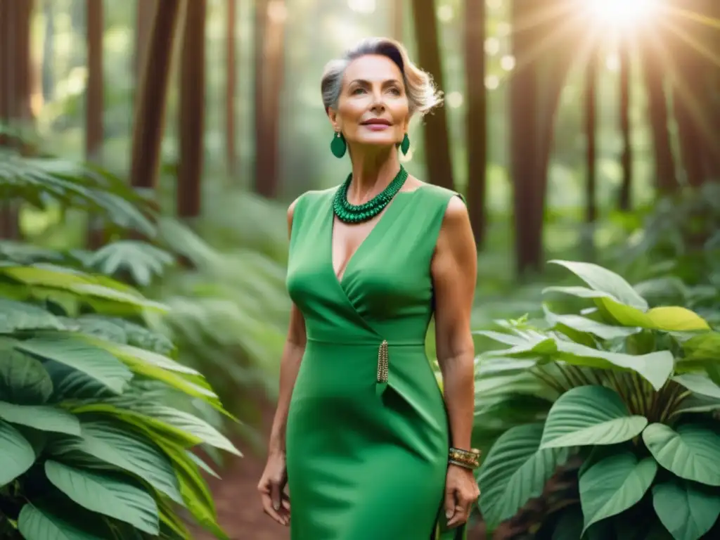 Mujer madura viste moda ecológica en un bosque verde - Vestir moda ecológica madurez sostenible