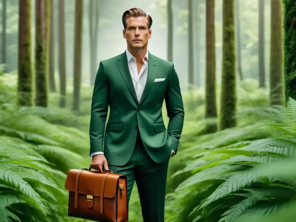 Hombre elegante en moda sostenible en bosque verde - Beneficios de la moda masculina sostenible