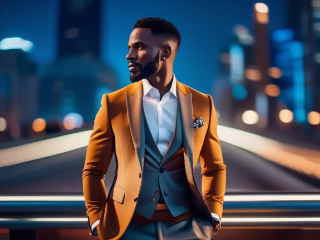 Elección consciente moda masculina: Hombre elegante en ciudad moderna, traje sostenible y luces vibrantes