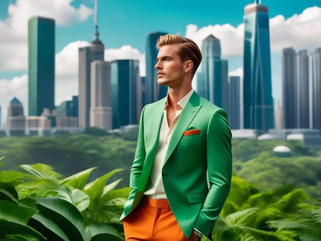 Tendencias moda masculina sostenible: modelo elegante en entorno verde con rascacielos, vistiendo prendas ecoamigables y modernas