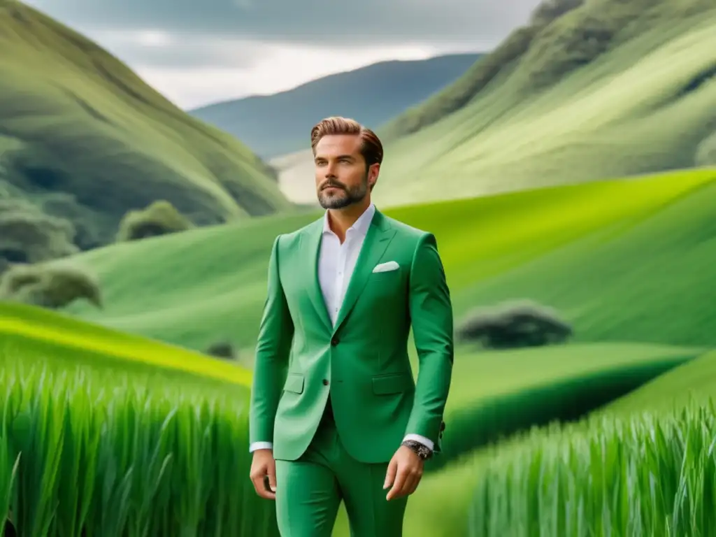 Hombre elegante en moda sostenible, destacando ventajas y armonía con la naturaleza