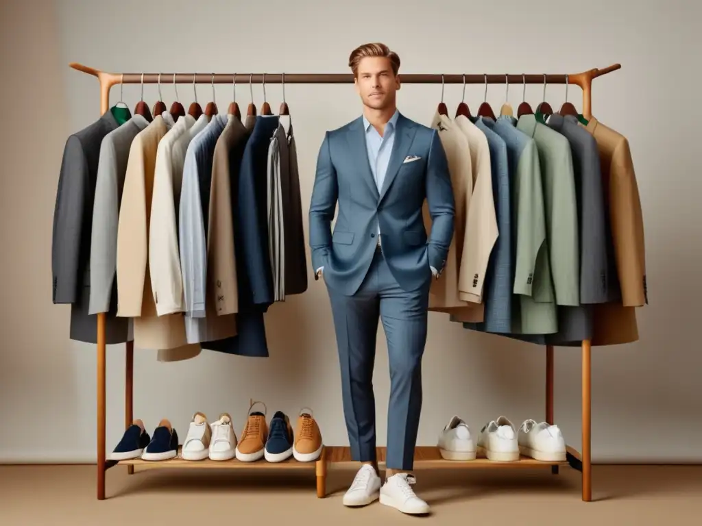 Moda masculina responsable: hombre elegante frente a perchero con prendas sostenibles y éticas