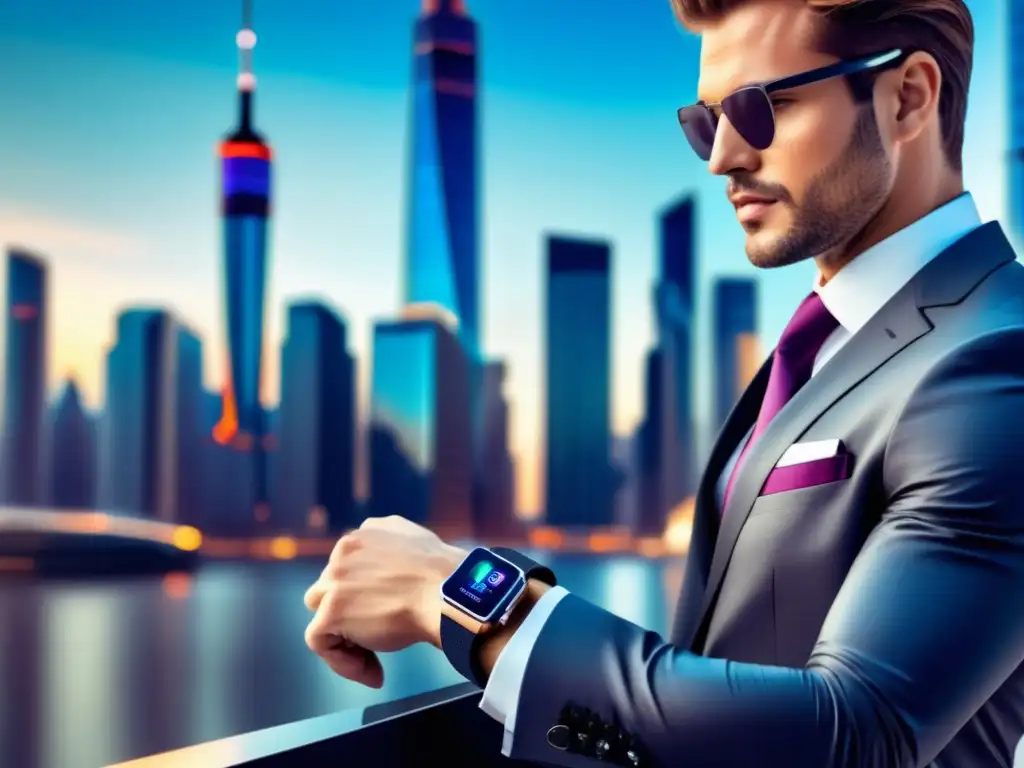 Tendencias moda masculina tecnología: hombre elegante con smartwatch en una ciudad moderna