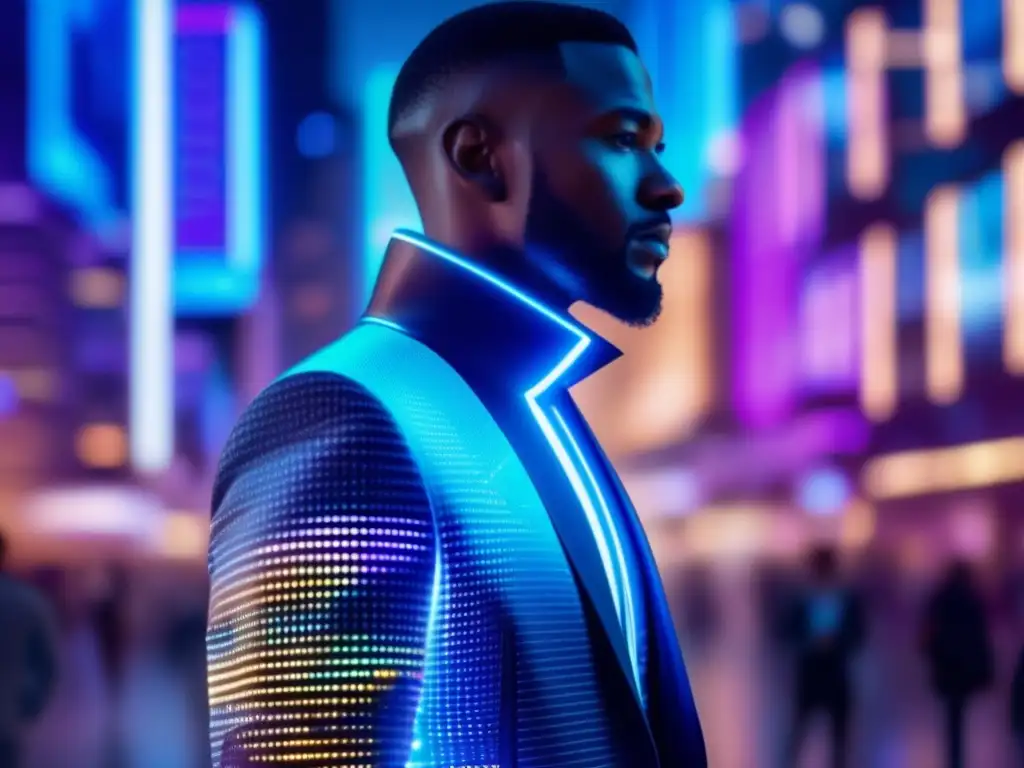 Hombre elegante en traje futurista de tela inteligente con luces LED, en una ciudad digital llena de tecnología y moda