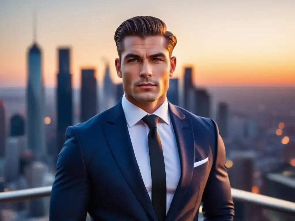 Hombre elegante destaca en ciudad moderna al atardecer (Importancia de la imagen personal en hombres)