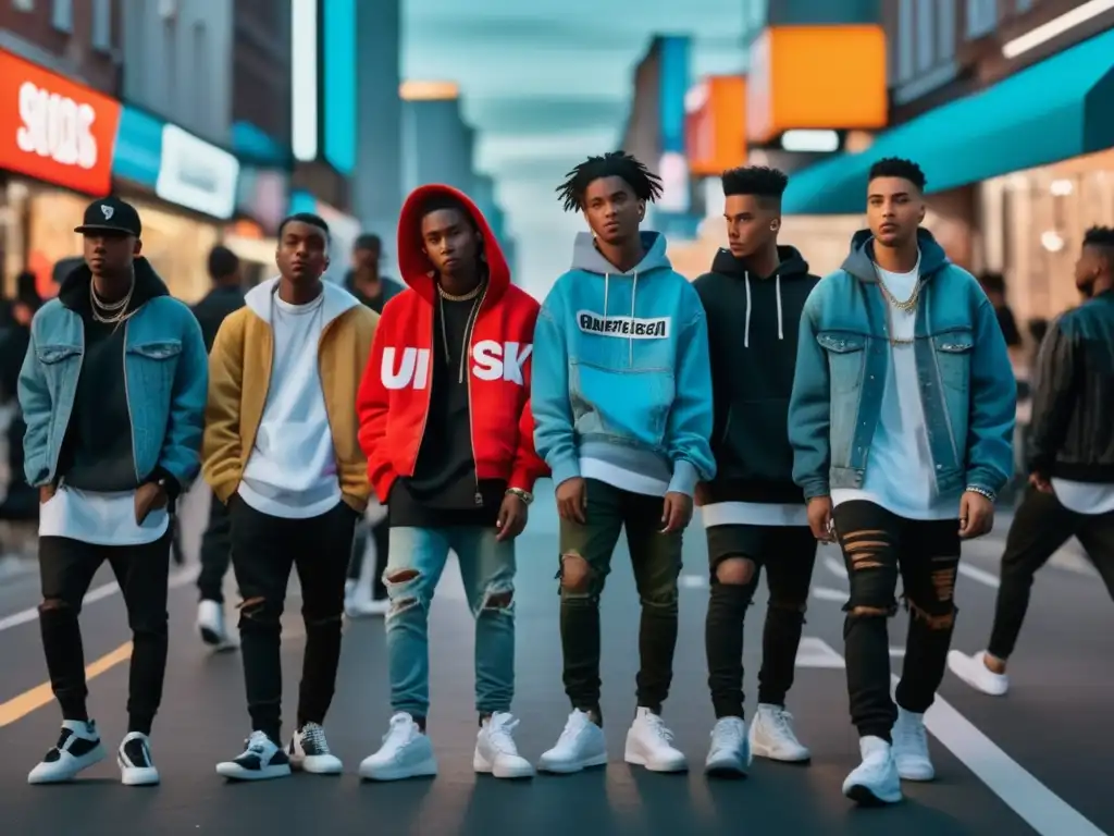 Tendencias streetwear moda masculina en una vibrante calle nocturna, con jóvenes vistiendo estilos únicos y prendas icónicas