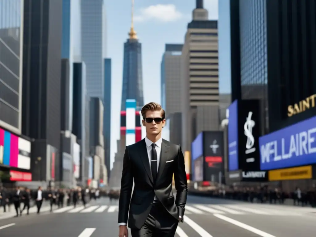 Modelo masculino en traje Saint Laurent, en la ciudad (Tendencias moda masculina Saint Laurent)