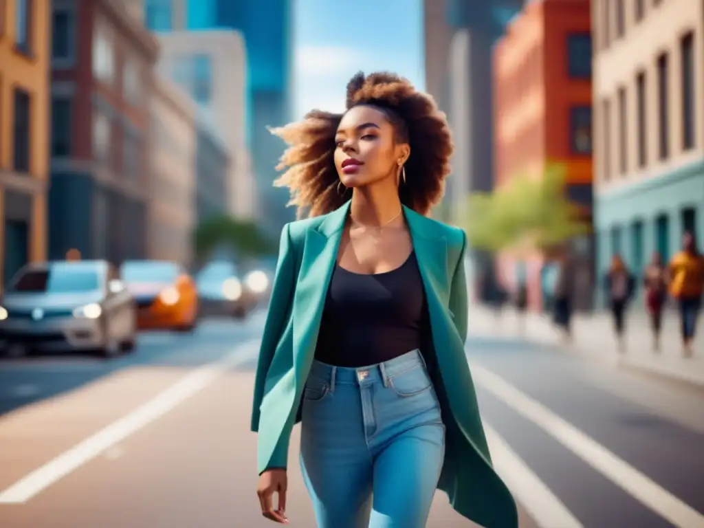 Mujer joven con estilo caminando confiada, mostrando autoestima y sentido de moda único