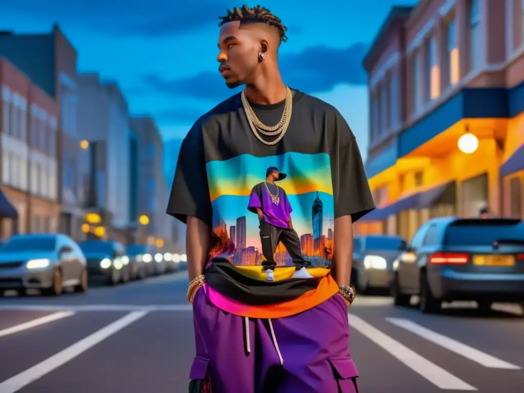 Tendencias moda masculina HipHop: Escena urbana vibrante al atardecer con modelo de moda hiphop destacando en conjunto único y vibrante