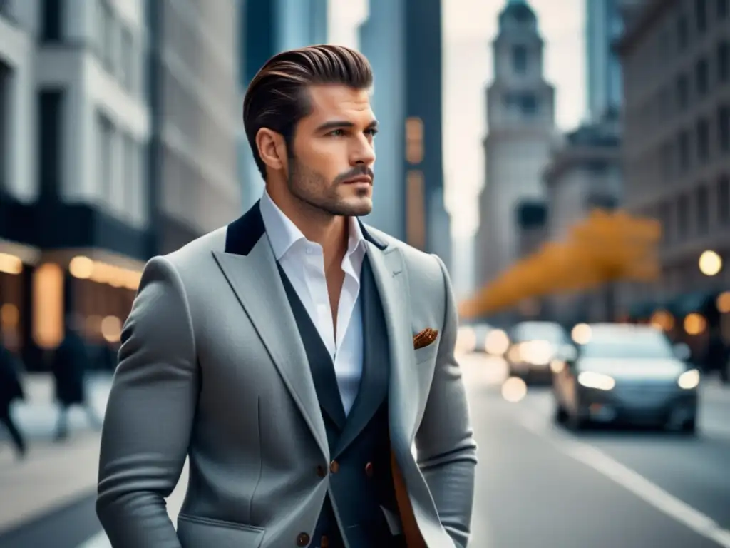 Dominando el layering masculino: consejos y trucos en una imagen de hombre elegante y sofisticado, con una ciudad de fondo