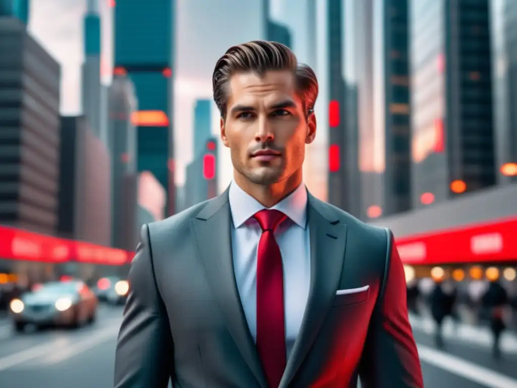 Importancia de la imagen en publicidad y moda masculina: modelo bien vestido en una ciudad moderna