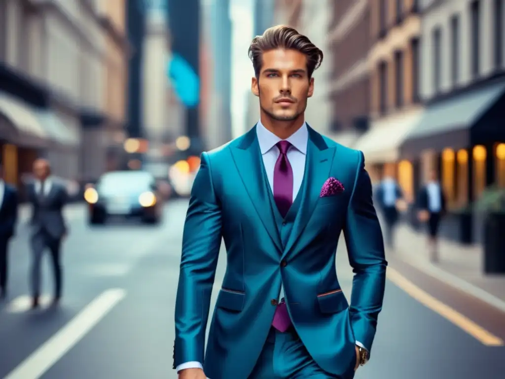 Modelo masculino elegante y seguro de sí mismo en una calle urbana, destaca moda y autoestima