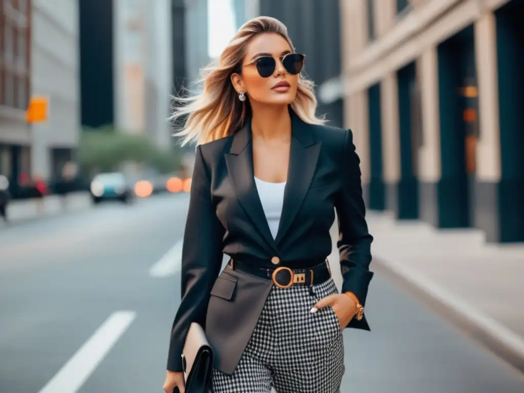 Consejos para vestir con estilo: Mujer segura caminando por la ciudad con outfit chic y urbano