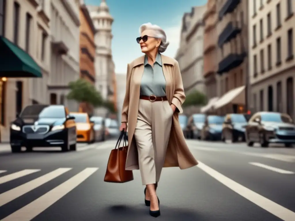 Consejos moda y comodidad tercera edad: elegante mujer caminando confiada en la ciudad con estilo y comodidad