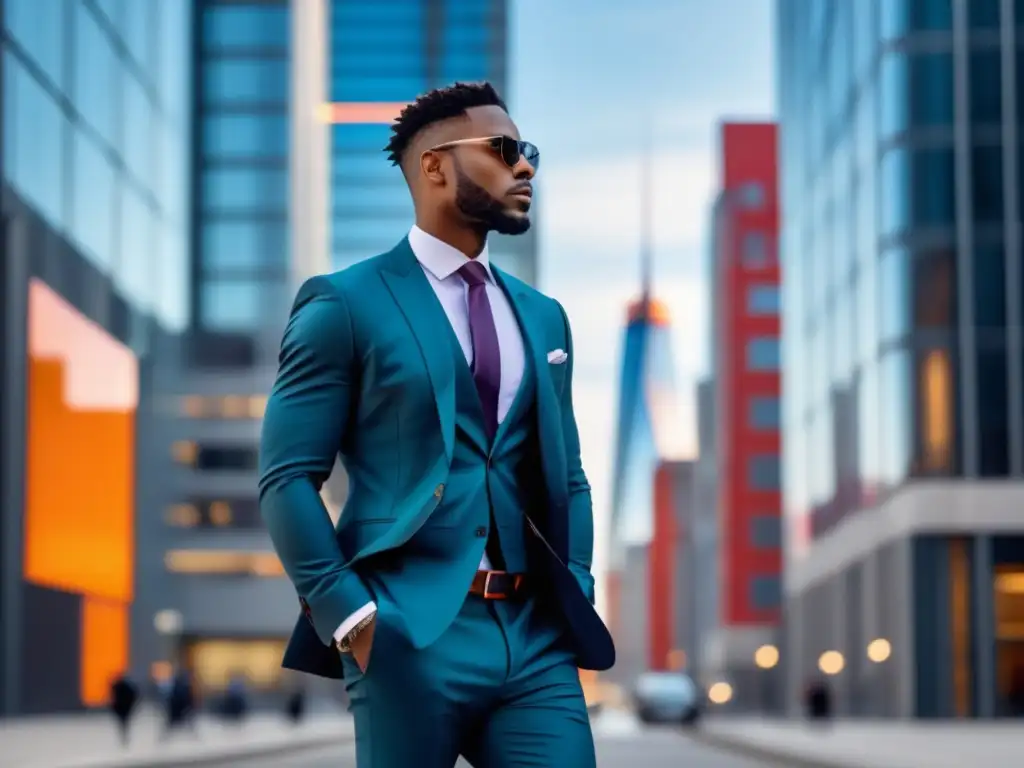 Moda masculina para aumentar confianza: hombre elegante y seguro en traje a medida, destacando en un entorno urbano vibrante