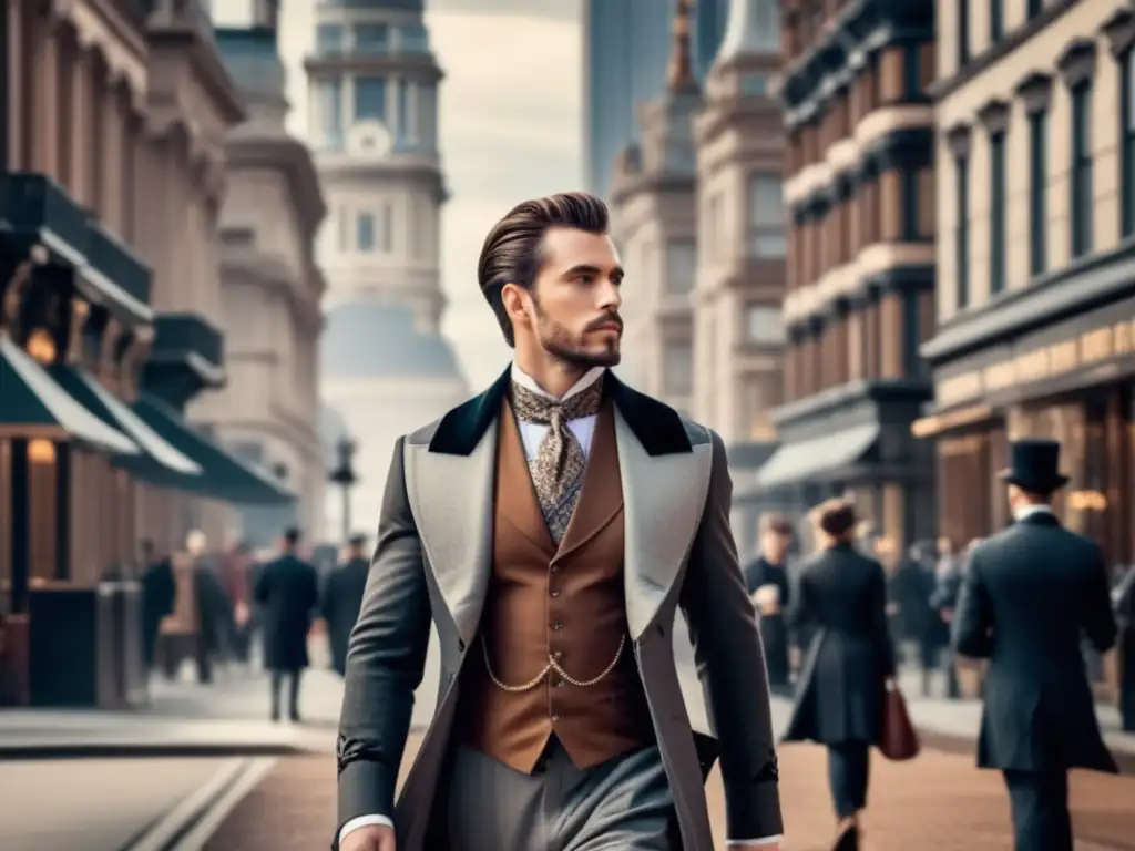 Tendencias moda masculina estilo victoriano: Hombre elegante fusionando estilos clásicos y contemporáneos en una ciudad bulliciosa