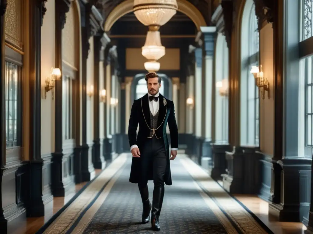 Tendencias moda masculina estilo victoriano: Modelo elegante en un lujoso pasillo con detalles arquitectónicos victorianos, vistiendo un sobrio abrigo negro con solapas de terciopelo, camisa blanca, corbata de lazo y pantalones ajustados