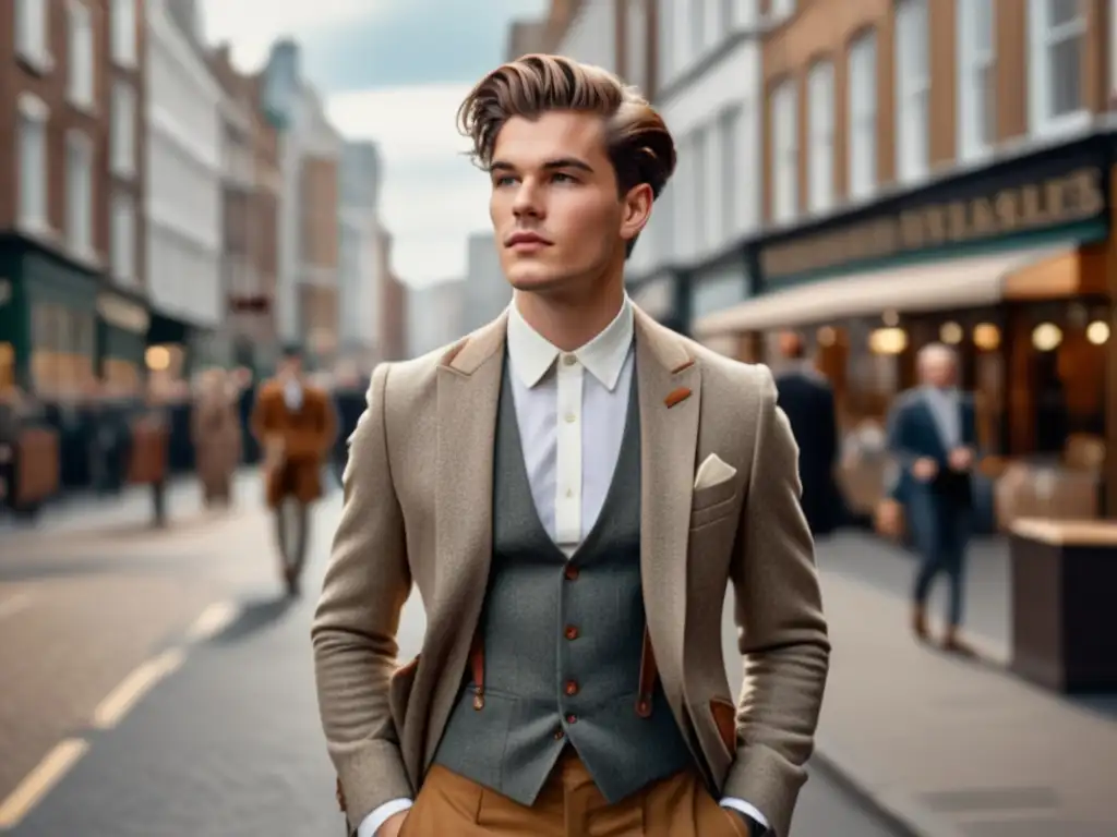 Hombre elegante en ciudad vibrante con tendencias moda masculina vintage